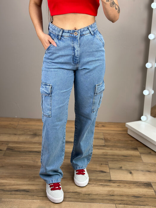 CALÇA JEANS FEMININA CARGO WIDE LEG VINTAGE