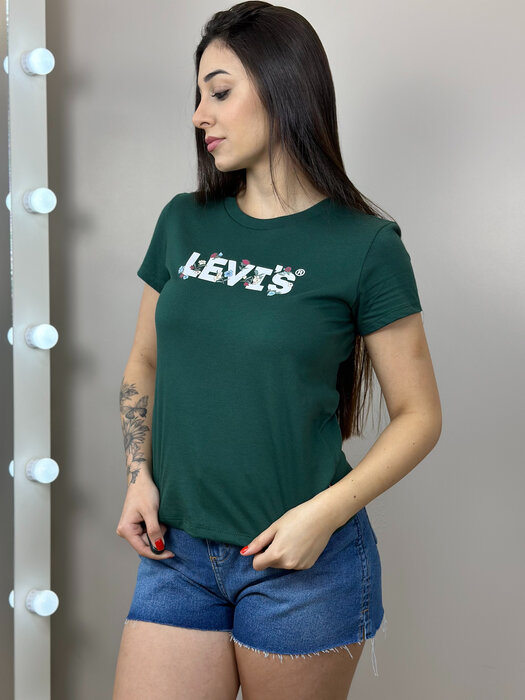 T-SHIRT FEMININA BÁSICA LOGO FLORAL LEVIS VERDE FLORESTA