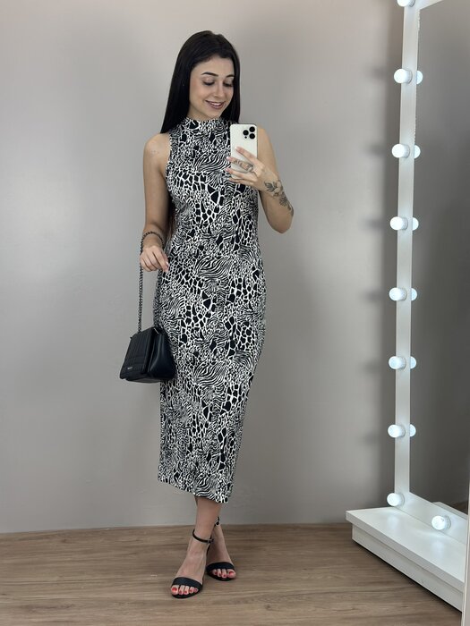 VESTIDO MIDI CANELADO REGATA ANIMAL PRINT COLCCI