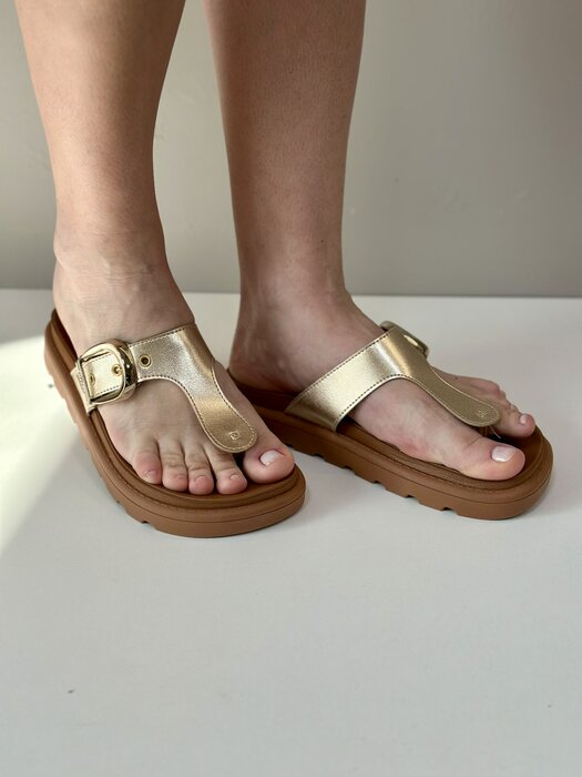 PAPETE FEMININA DOURADO/CAMEL COM FIVELA